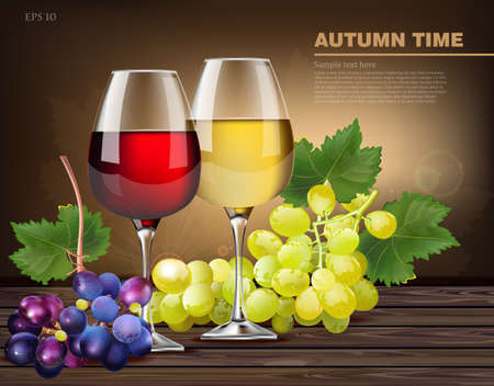 Two glasses of wine and grapes vine Vector realisticのイラスト素材