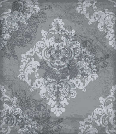 Damask pattern Vector. Vintage baroque ornament decor. Royal luxury texture backgrounds. Victorian sumptuous decoration textile, fabric, tile. Trendy gray colorのイラスト素材