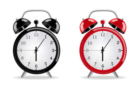 Alarm clock Vector realistic. Red and black clocks isolated on whiteのイラスト素材