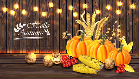 Autumn harvest card Vector realistic with Pumpkin, corn, walnuts. Detailed 3d design. Wooden background with lights illustrationのイラスト素材