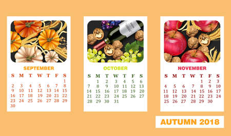 Autumn calendar page Vector realistic with Pumpkin, wine bottle, apple, walnuts. Detailed 3d design monthlyのイラスト素材