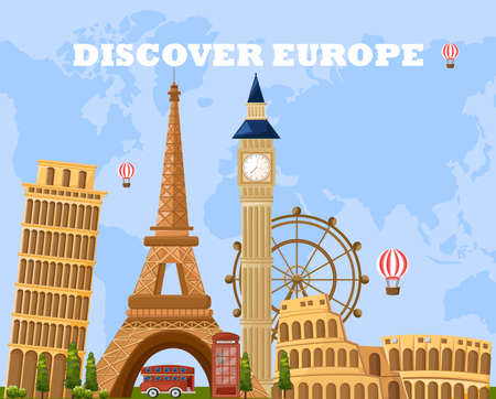 Discover Europe travel card Vector. Main tourist attractions with Eiffel Tower, Pisa, Coliseum etcのイラスト素材