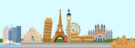 Discover Europe travel banner Vector. Main tourist attractions with Eiffel Tower, Pisa, Coliseumのイラスト素材