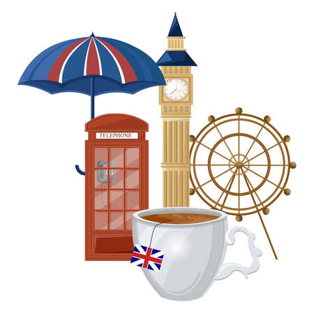 Cup of tea and London symbols and architecture on background Vectorのイラスト素材