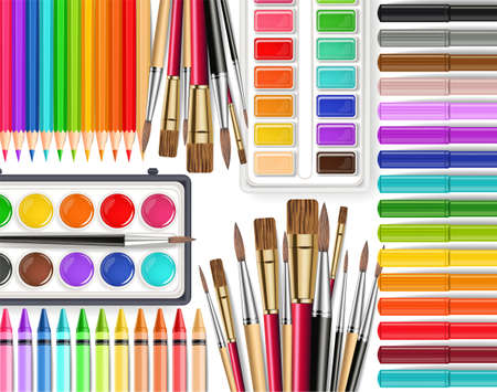Drawing tools Vector realistic top view. Brush, watercolor palette, pencils, crayons. Detailed 3d illustrationのイラスト素材