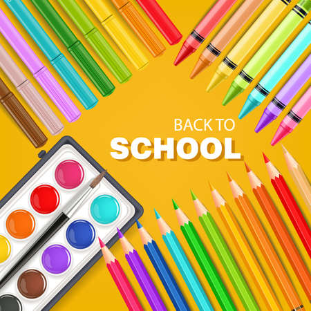 Back to school card with colorful pencils, markers and watercolor palette Vector illustrationのイラスト素材