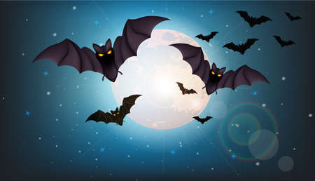 Bats flying at night Vector. Full moon. Halloween conceptのイラスト素材