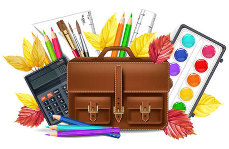 Back to school with bag pencils and other drawing tools Vector realistic. Detailed 3d illustrationのイラスト素材