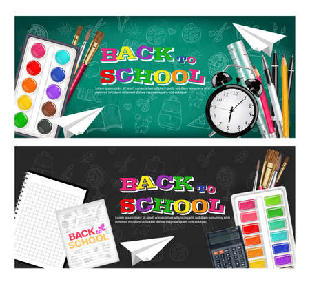 Back to school banners set Vector realistic. Alarm clock, brushes, pencil, watercolor palettes. 3d detailed illustrationのイラスト素材
