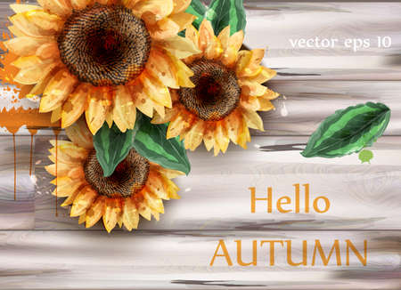 Sunflowers watercolor card Vector. Beautiful floral decor on wooden backgroundのイラスト素材