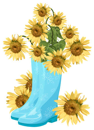 Sunflower bouquet in blue boots Vector. Summer endless conceptのイラスト素材
