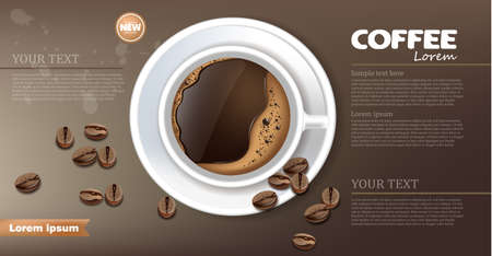 Coffee cup banner Vector realistic. Product placement mock up. Dark beans, coffee background. top view 3d illustrationのイラスト素材
