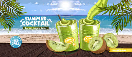 Kiwi smoothie tropic banner Vector realistic. Product placement mock up. detailed 3d illustration. sea view baclgroundsのイラスト素材