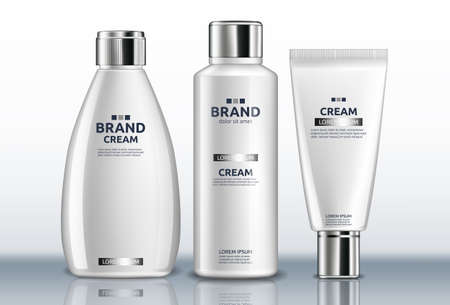 White hand cream, lotion, body cream bottles Vector realistic. Product placement mock up. Detailed 3d label designのイラスト素材