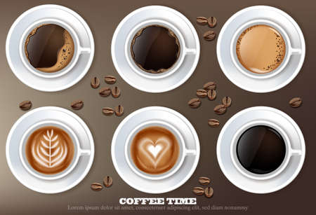 Coffee cup set collection Vector realistic. Product placement mock up. Dark beans, coffee background. top view 3d illustrationのイラスト素材