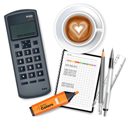 Phone card, coffee and marker Vector realistic. Office desk mock up. 3d illustration top viewのイラスト素材