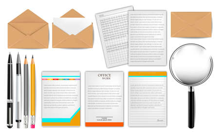 Documents Vector realistic set. Mail, papers, pencils 3d detailed illustrationのイラスト素材