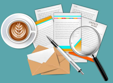 Coffee and documents Vector realistic set. Mail, papers, pencils 3d detailed illustrationのイラスト素材