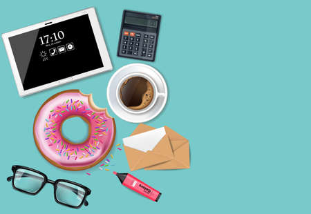 Tablet, coffee cup and donut Vector realistic. Product placement mock up. Office desk top view 3d illustrationのイラスト素材