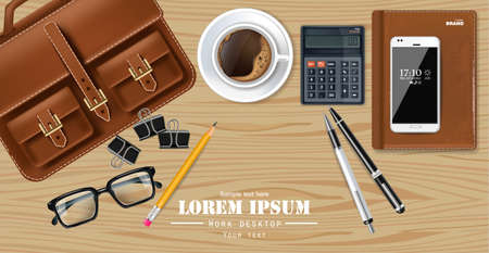 Office desk coffee, smartphone, pen and bag Vector realistic illustrationのイラスト素材