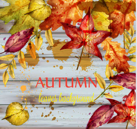 Autumn leaves watercolor Vector. Wooden decor background. Fall banner template. Golden red colorsのイラスト素材