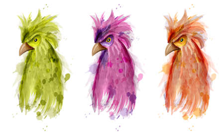 Parrot bird Vector watercolor set. Painted cartoon style illustrationのイラスト素材