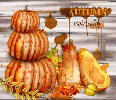 Pumpkin watercolor autumn poster Vector. Fall season painted style illustrationのイラスト素材