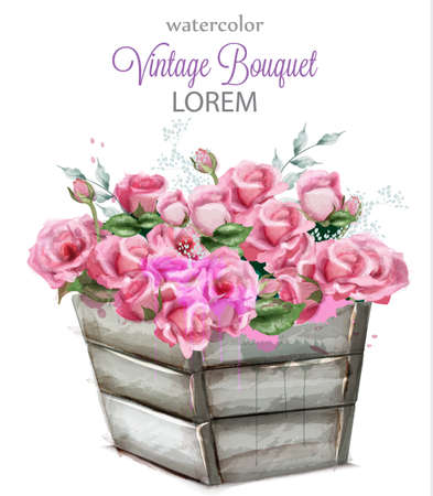 Watercolor delicate roses Vector. Beautiful detailed floral bouquet illustrationのイラスト素材