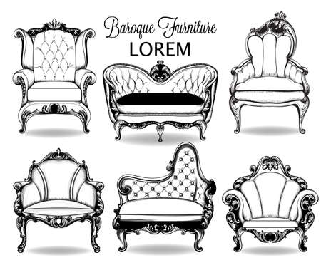 Baroque armchair and sofa set. Vector French Luxury rich intricate structure. Victorian Royal Style decor with luxurious ornamentsのイラスト素材