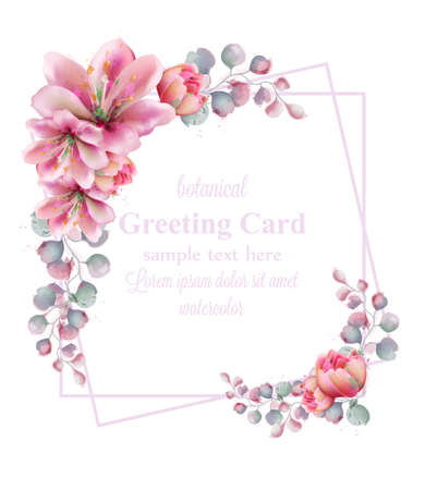 Lily flowers watercolor wreath frame decor Vector. Greeting card illustrationのイラスト素材