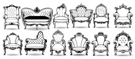 Baroque armchair and sofa set. Vector French Luxury rich intricate structure. Victorian Royal Style decor with luxurious ornamentsのイラスト素材