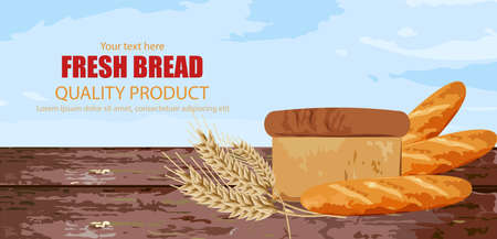 Fresh bread. Wooden background texture.の写真素材