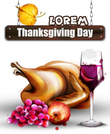 Thanksgiving roasted turkey and wine Vector. Watercolor poster templatesのイラスト素材