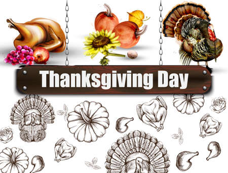 Thanksgiving day banner Vector. Turkey and pumpkins symbol pattern backgroundsのイラスト素材