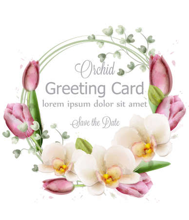 White orchid flowers watercolor wreath frame Vector. Delicate floral decorationsのイラスト素材