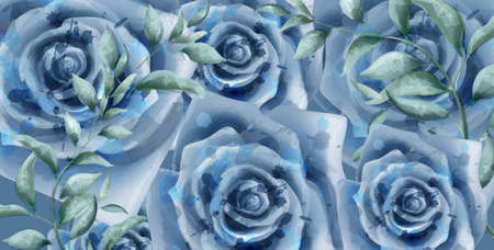 Blue roses watercolor banner.の写真素材