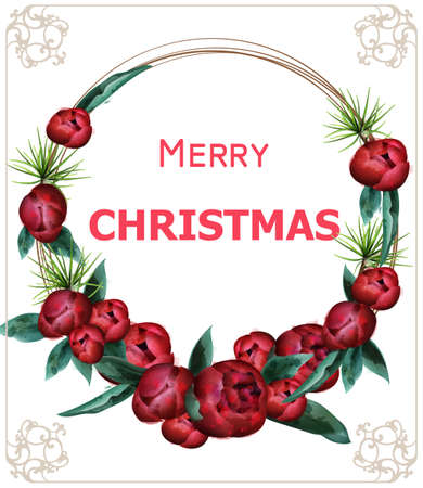 Merry Christmas blooming peony flowers wreath watercolor Vectorのイラスト素材