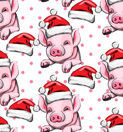 Pig year pattern Vector background. Vintage retro cute pink pigs 2019 decorのイラスト素材