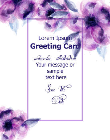 Purple flowers watercolor card Vector. Purple stains and delicate blooming decor. Invitation card, wedding ceremony, postcard, Women day greeting. Flow colorful drops. Beautiful pastel colorsのイラスト素材