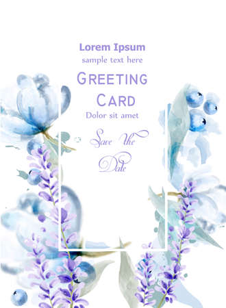 Lavemder flowers watercolor card Vector. delicate floral blooming decor. Invitation card, wedding ceremony, postcard, Women day greeting. Flow colorful drops. Beautiful pastel colorのイラスト素材