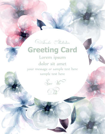 Spring flowers watercolor round card Vector. Delicate blooming floral banner decor. Invitation card, wedding ceremony, postcard, Women day greeting. colorful drops flow. Beautiful pastel colorsのイラスト素材