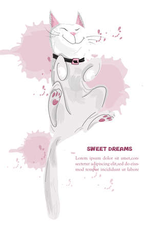 White cat sleeping Vector cartoon character. Sweet dreamful fluffy cat funny illustrationのイラスト素材