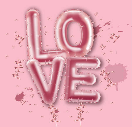 Love balloon foil text Vector realistic. Valentine day card. 3d detailed illustration lettersのイラスト素材