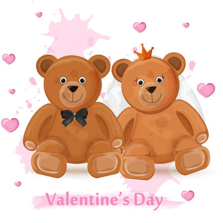 Valentine day card with teddy bears couple Vector watercolor illustrationのイラスト素材