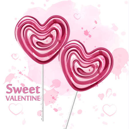 Red heart lollipop candy watercolor Vector. Sweet candy Valentine day cardのイラスト素材