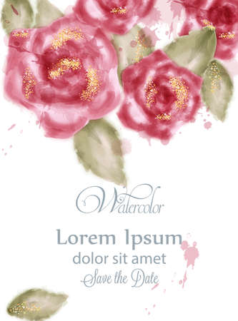 Save the date card with watercolor pink roses Vector. Invitation card, wedding ceremony, delicate postcard, Women day greeting card. Beautiful colorのイラスト素材
