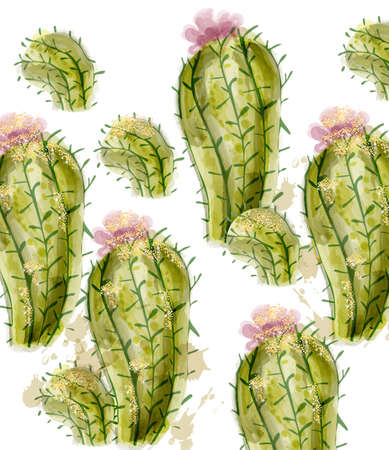 Cactus pattern Vector watercolor. Summer exotic texture. Tropic collection painted styleのイラスト素材