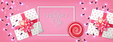 Valentine day gift boxes and lights garland Vector realistic. Celebrate love card. 3d detailed illustrationのイラスト素材