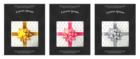 Gift boxes brochures Vector realistic. Dark background confeti sparkle. Product placement mock up. Design packaging 3d illustration. Birthday, Wedding, Anniversary decor template bannerのイラスト素材