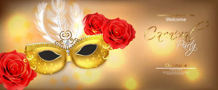 Golden mask with feathers Vector realistic.のイラスト素材